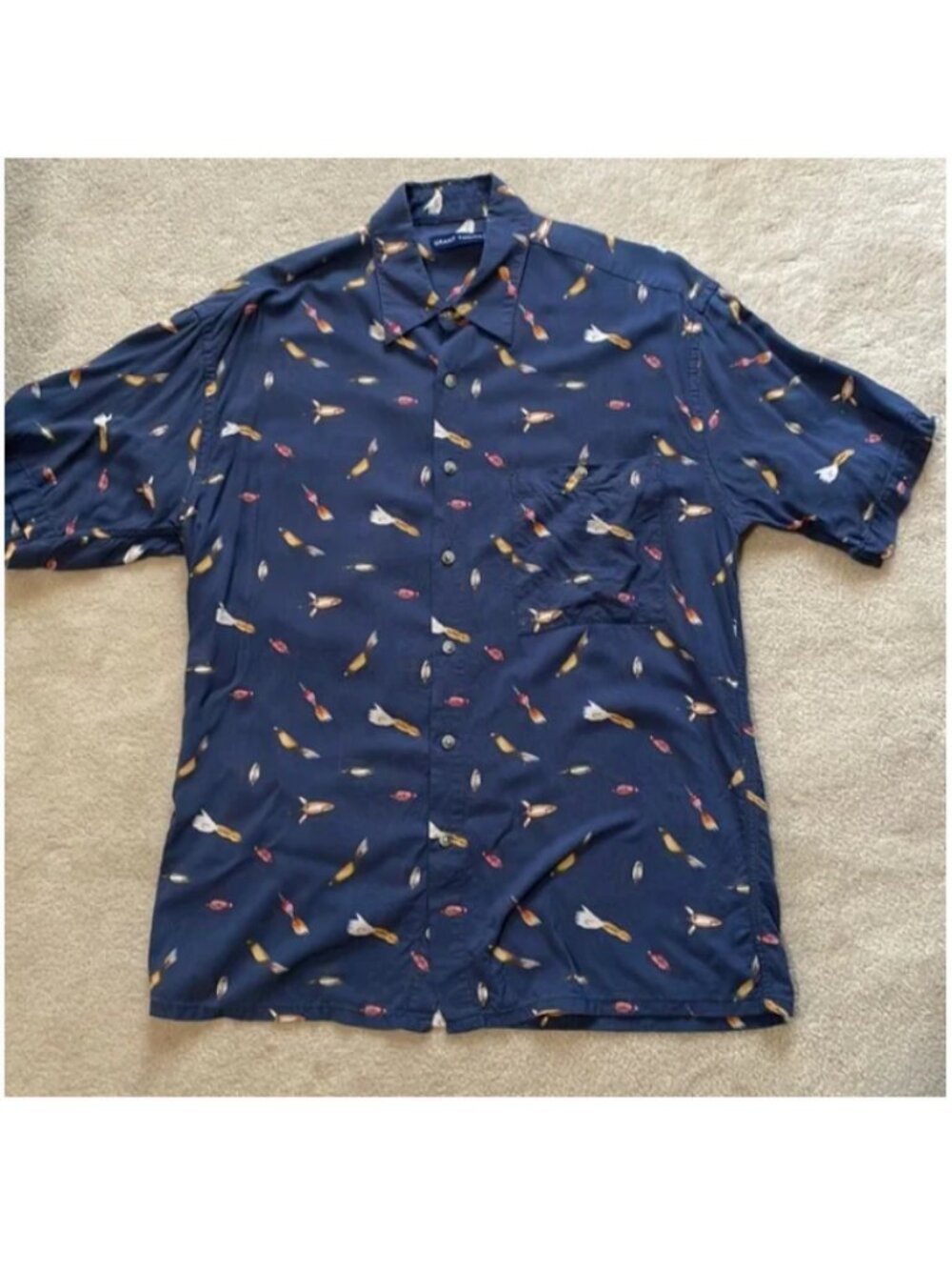 Vintage Grant Thomas Fishing Lure Hook Blue Short Sleeve Shirt Size Medium